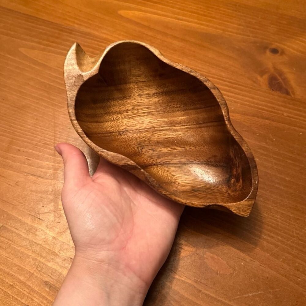 Midcentury Wood Bowl Leaf Shape Trinket Jewlrey Tray Candy Dish